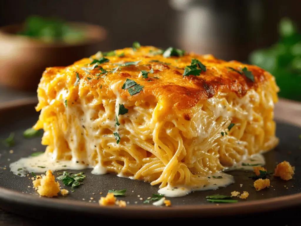 baked cream cheese taco spaghetti casserole - featured image