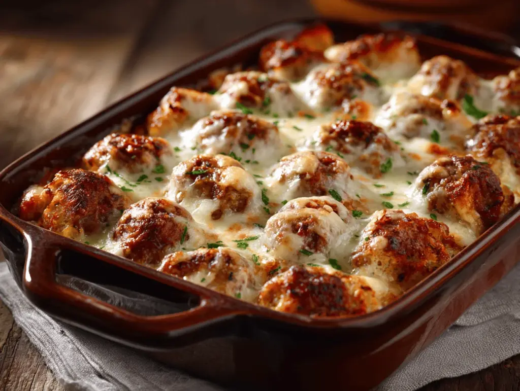 cheesy garlic bread meatball bake - featured image