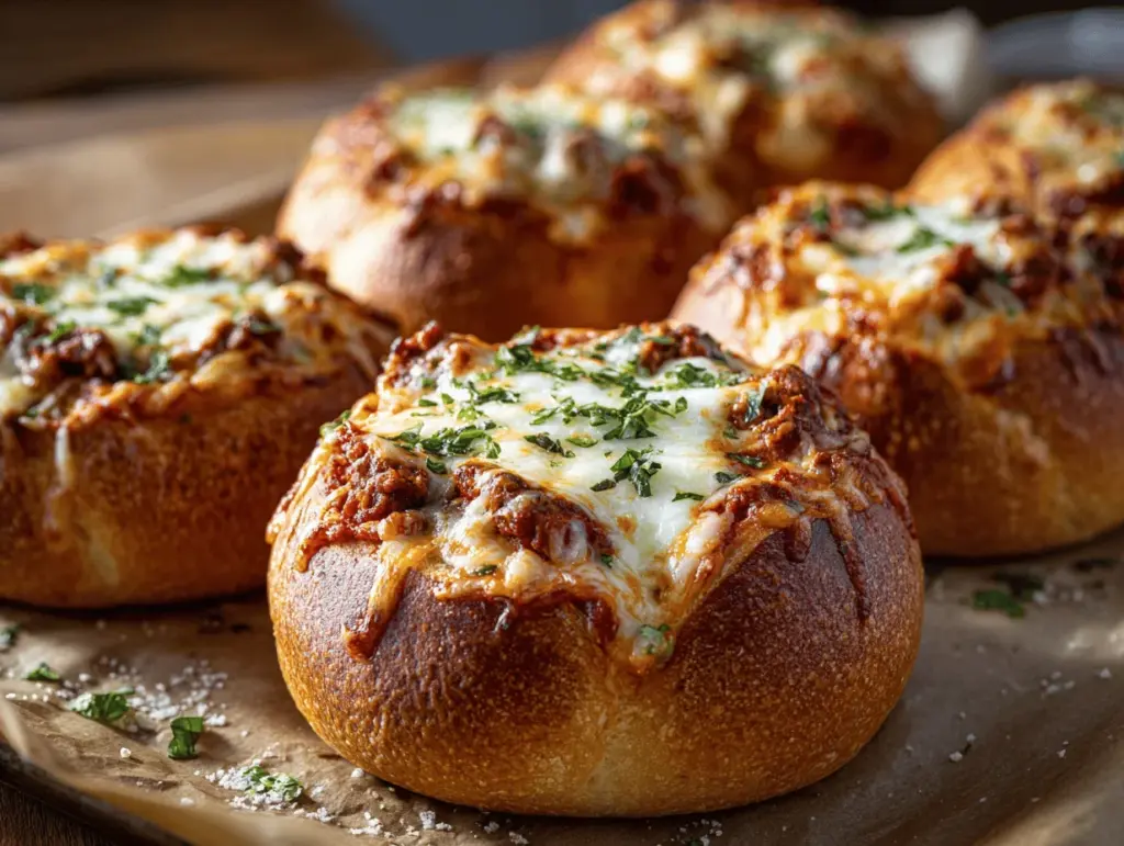 cheesy lasagna stuffed garlic bread bowls - featured image