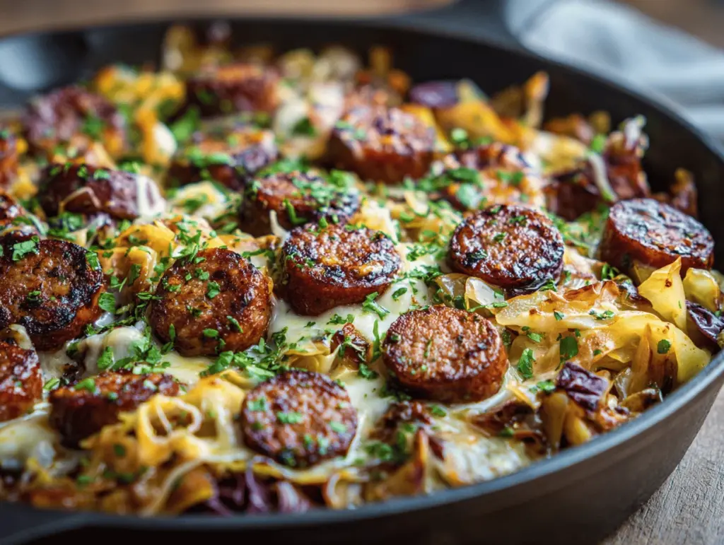 cheesy sausage and cabbage skillet - featured image