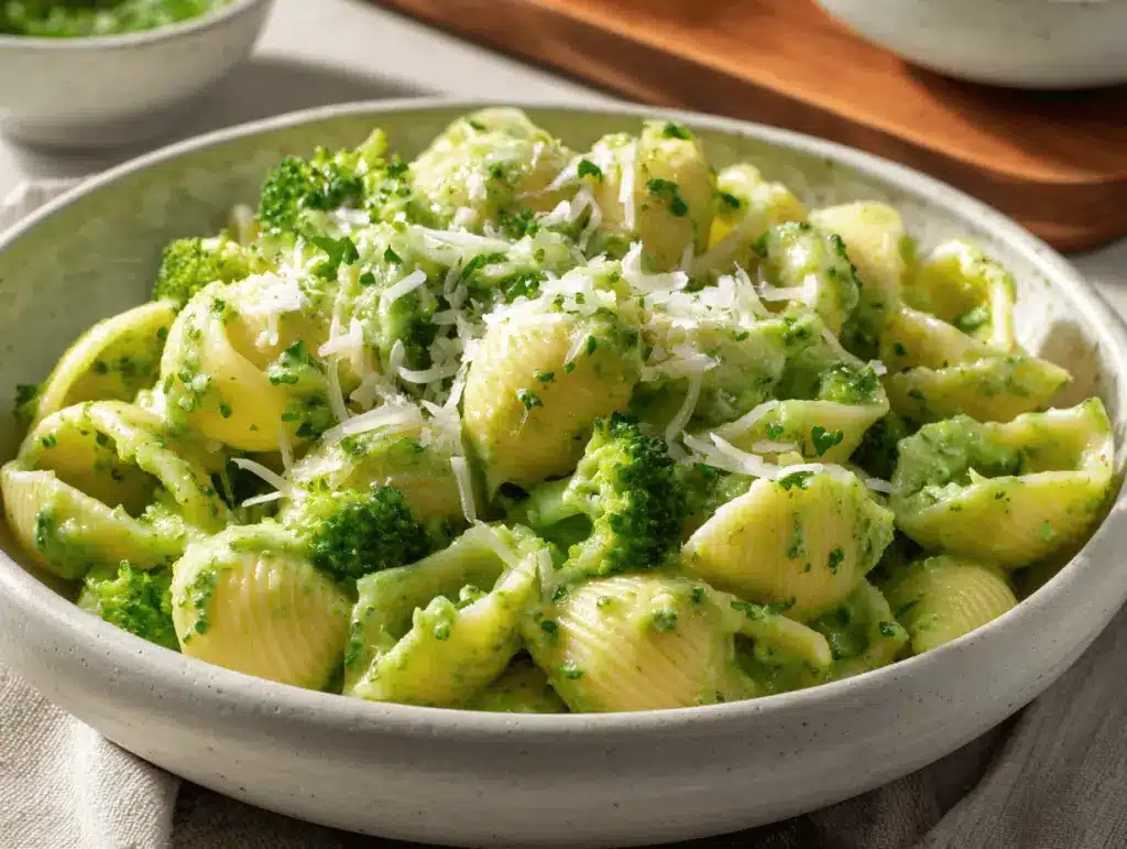 creamy broccoli alfredo shells - featured image