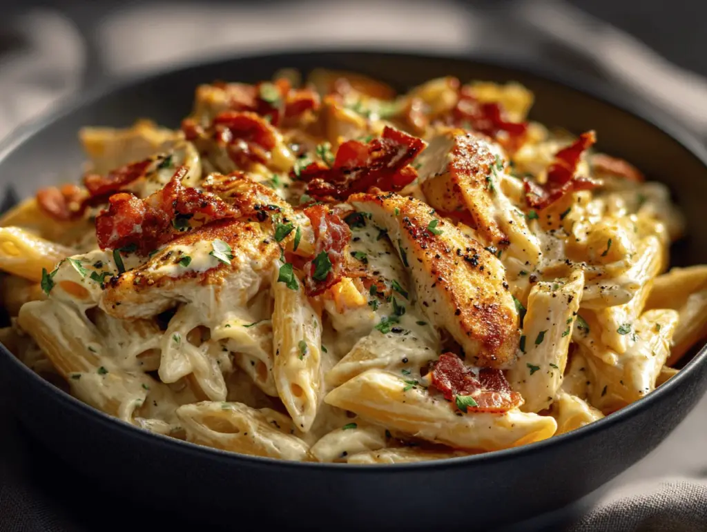 creamy chicken bacon ranch penne bake - featured image