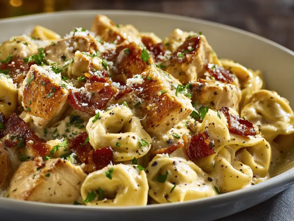 creamy chicken bacon tortellini bake - featured image