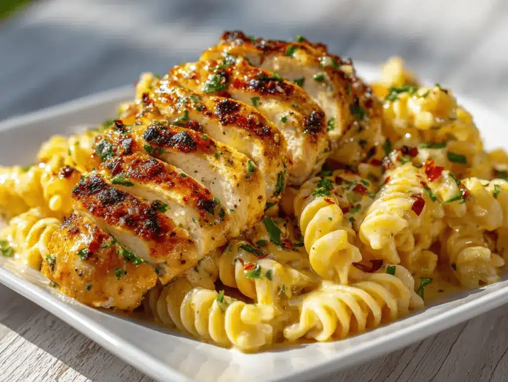 creamy garlic parmesan chicken pasta bake - featured image