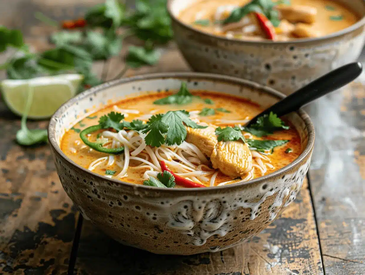 creamy Thai coconut chicken noodle soup preparation steps