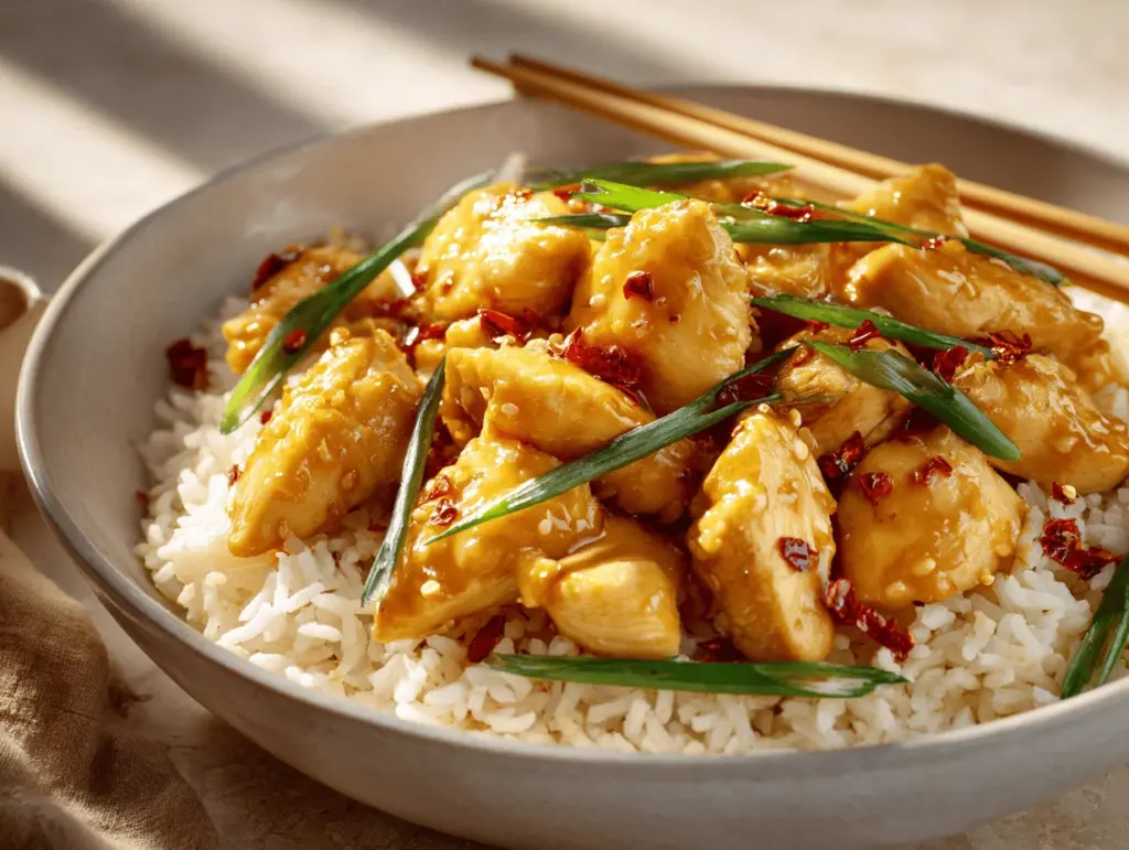 honey garlic chicken rice bowl - featured image