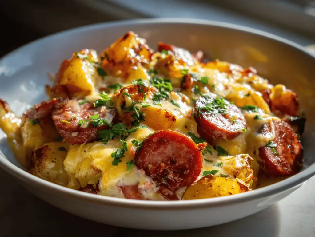 loaded cheesy ranch potato and smoked sausage bake - featured image