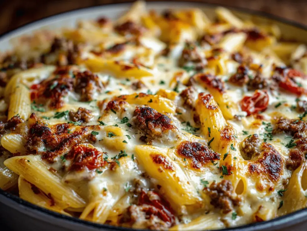 loaded cheesy Rotel pasta bake with bacon - featured image