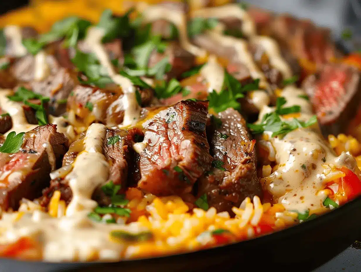 loaded steak queso rice skillet preparation steps