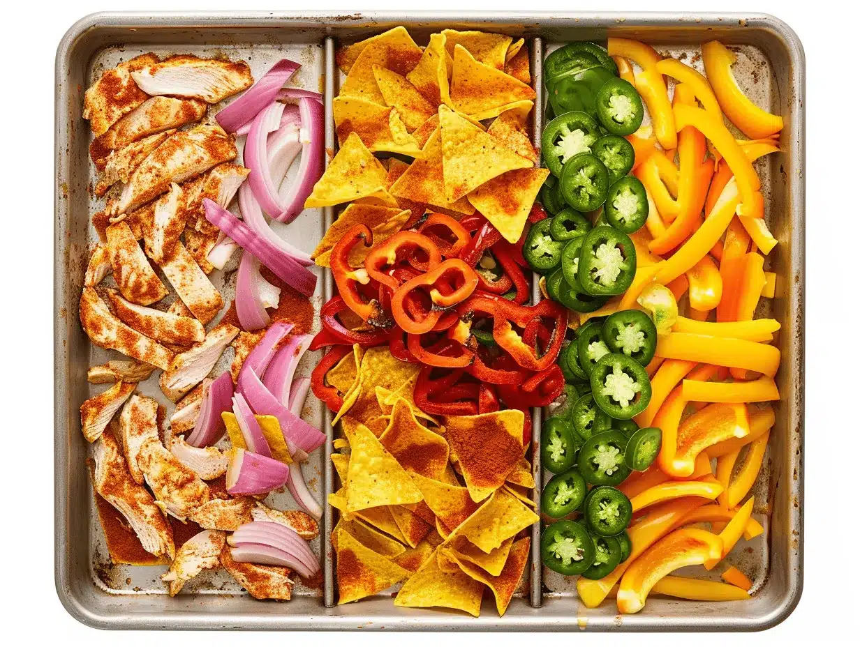 sheet pan chicken fajita nachos preparation steps