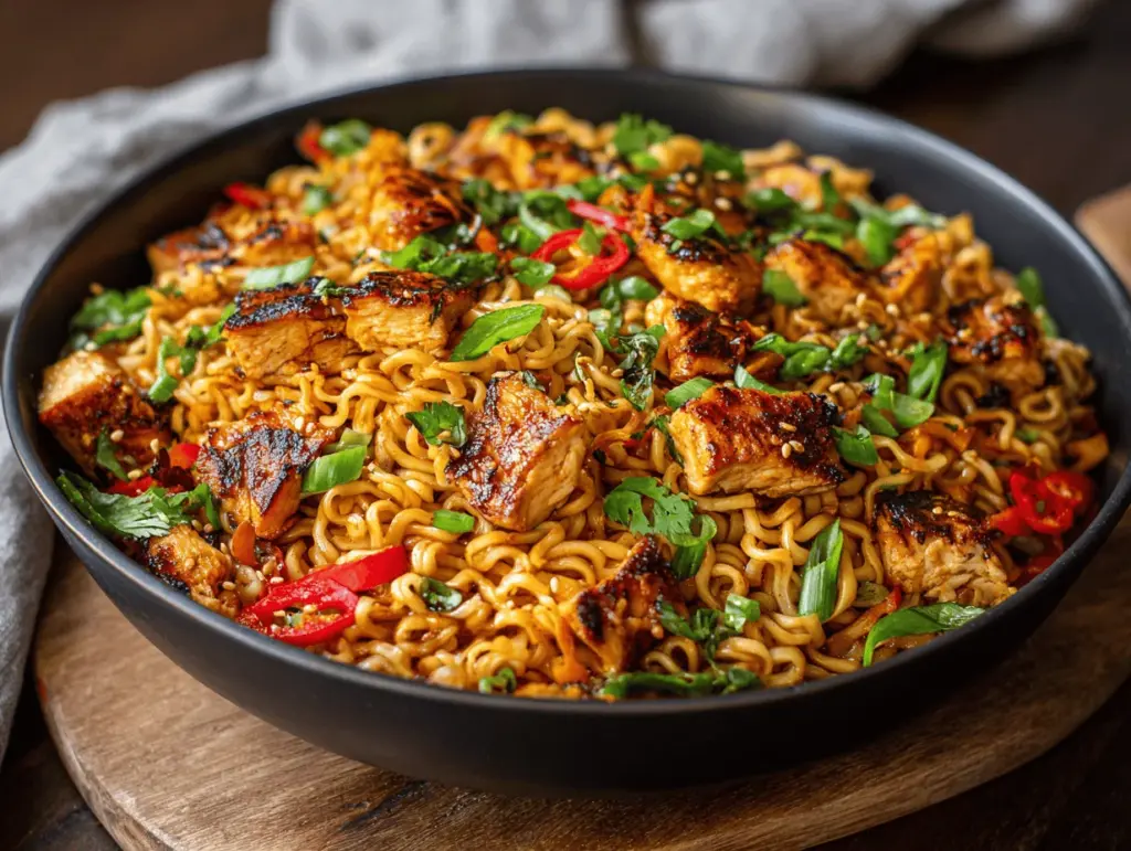 spicy honey garlic chicken ramen stir fry - featured image