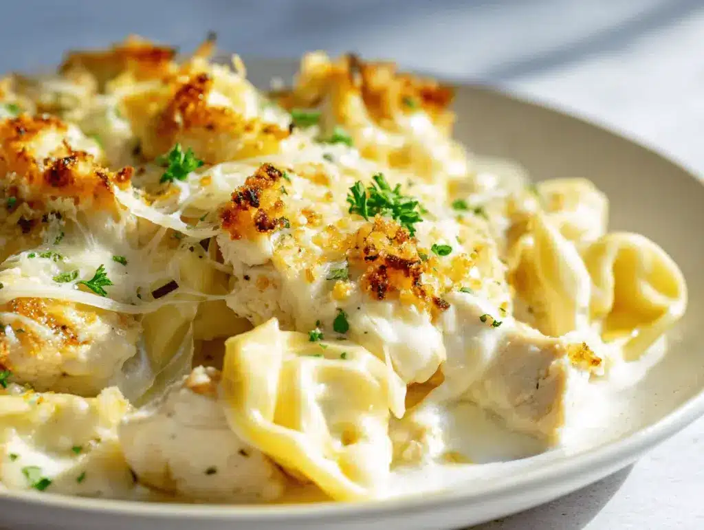 creamy garlic parmesan chicken tortellini bake - featured image