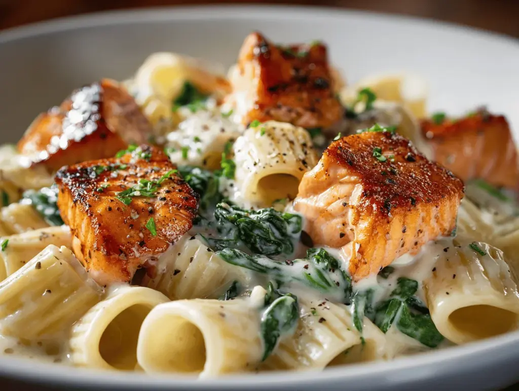 creamy salmon spinach pasta - featured image