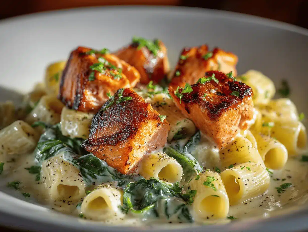 creamy salmon spinach pasta preparation steps
