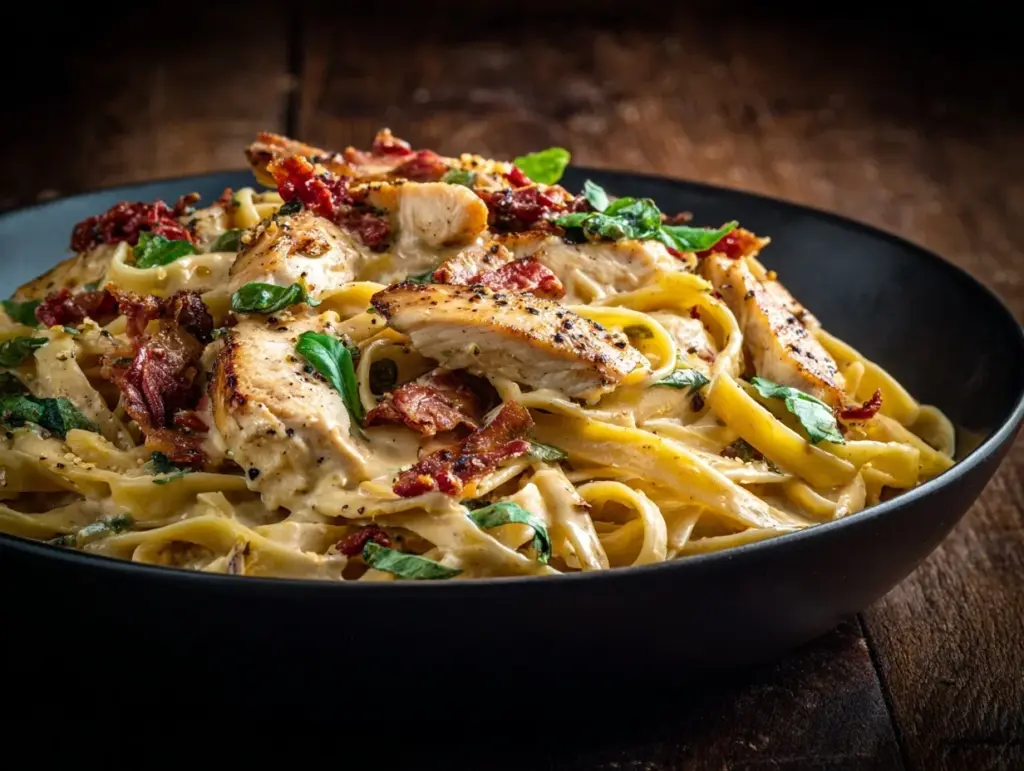 creamy Tuscan chicken bacon fettuccine - featured image