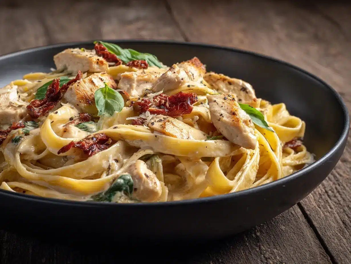 creamy Tuscan chicken bacon fettuccine preparation steps