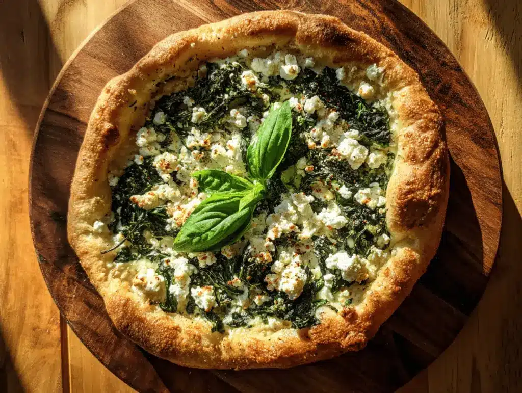Greek roasted garlic spinach white pizza - featured image