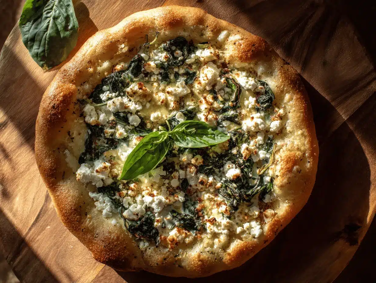 Greek roasted garlic spinach white pizza preparation steps
