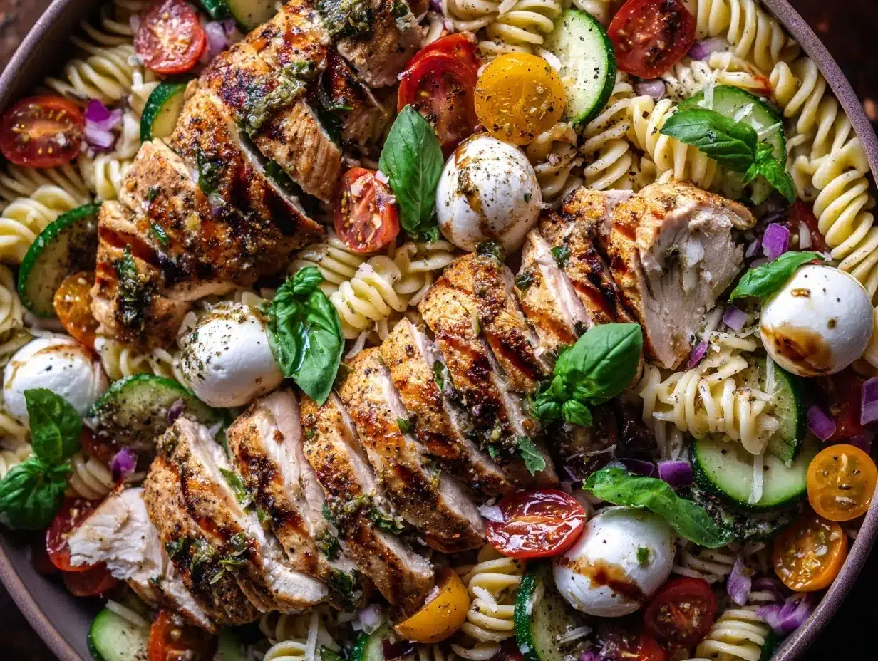 Grilled Chicken Caprese Pasta Salad preparation steps