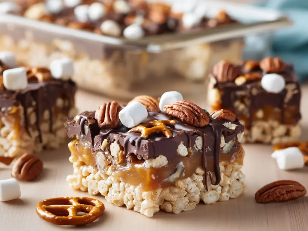 Salted Caramel Pretzel Turtle Rice Krispies Bars - featured image