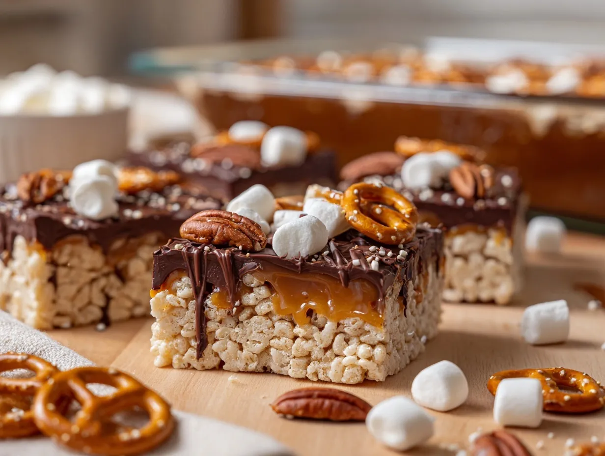 Salted Caramel Pretzel Turtle Rice Krispies Bars preparation steps