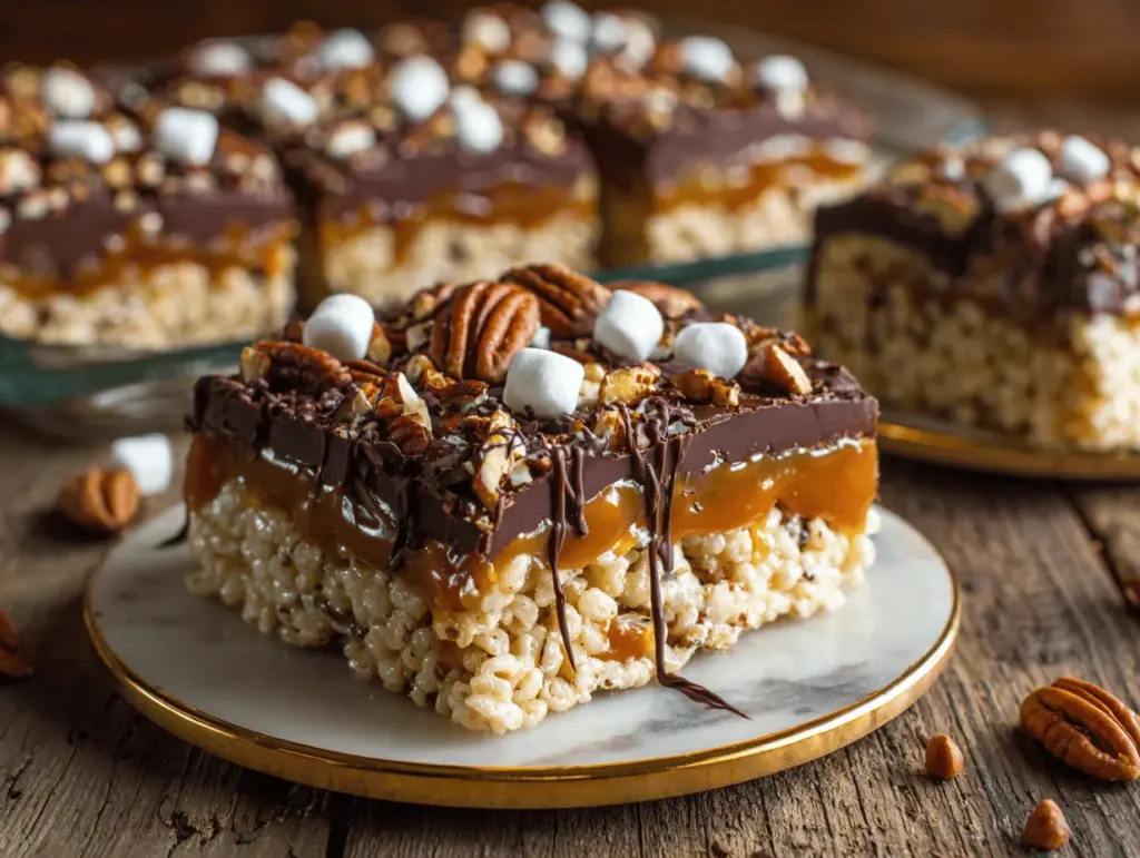 Salted Caramel Turtle Rice Krispie Bars - featured image