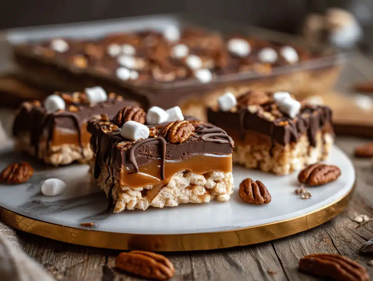 Salted Caramel Turtle Rice Krispie Bars preparation steps