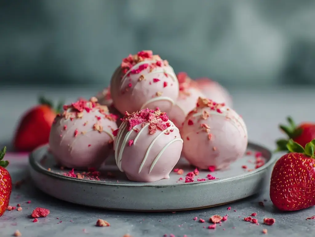 strawberry cheesecake protein balls - featured image