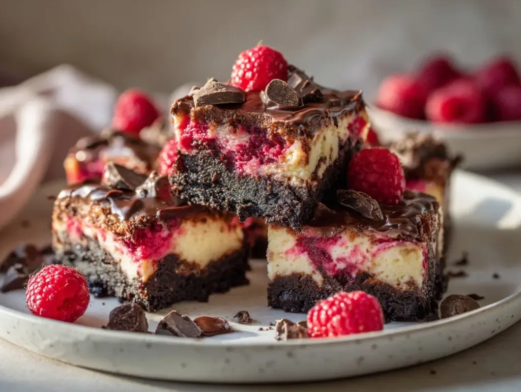 triple chocolate raspberry cheesecake bars - featured image