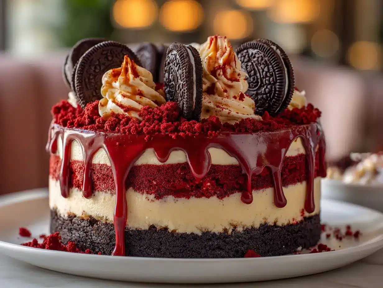 Oreo Red Velvet Cheesecake Drip Cake preparation steps
