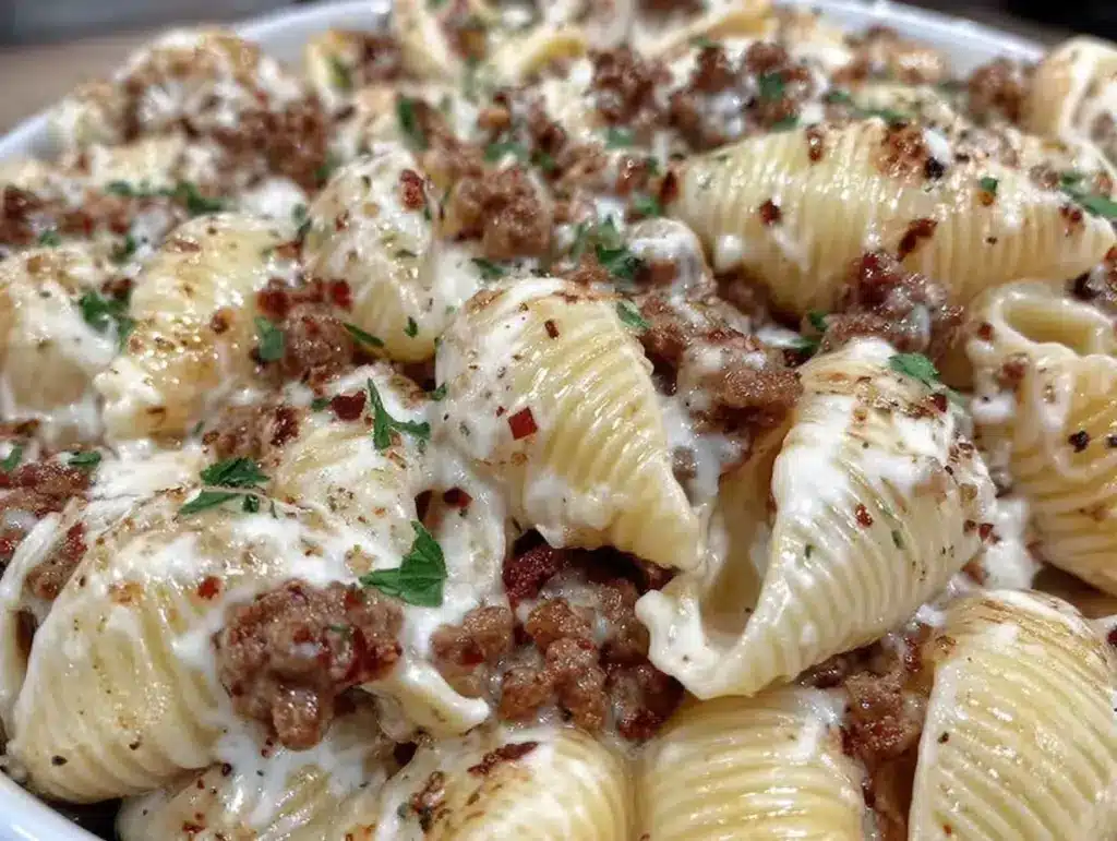 creamy crockpot cheesy ranch beef pasta shells - featured image