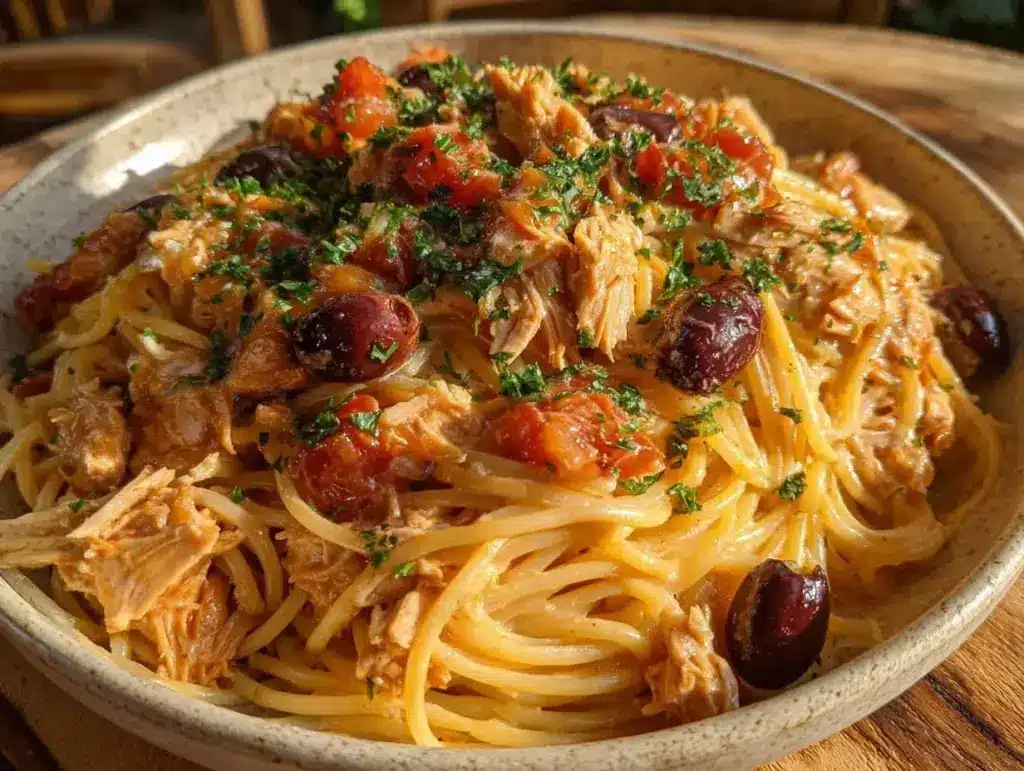 creamy crockpot chicken spaghetti - featured image