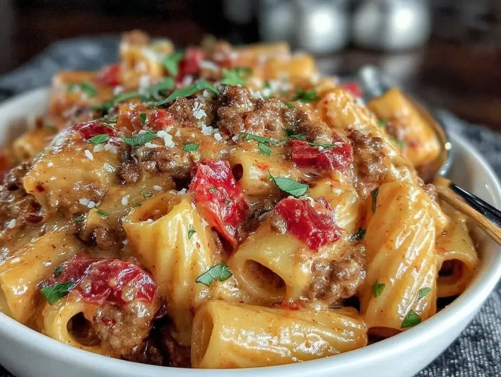 creamy rotel pasta with ground beef - featured image