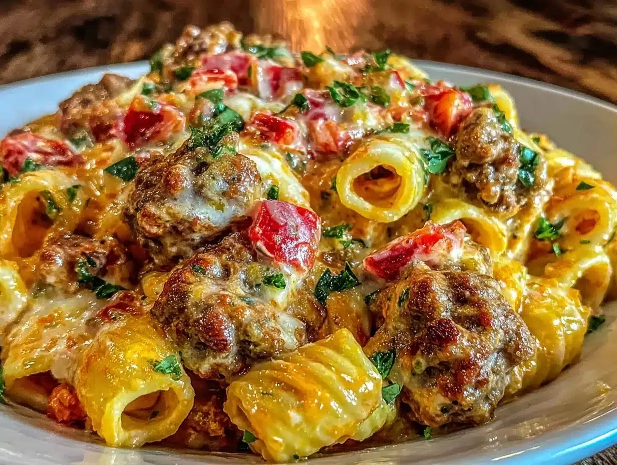 creamy Rotel pasta with ground beef preparation steps