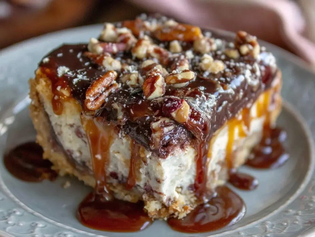 decadent turtle cheesecake - featured image