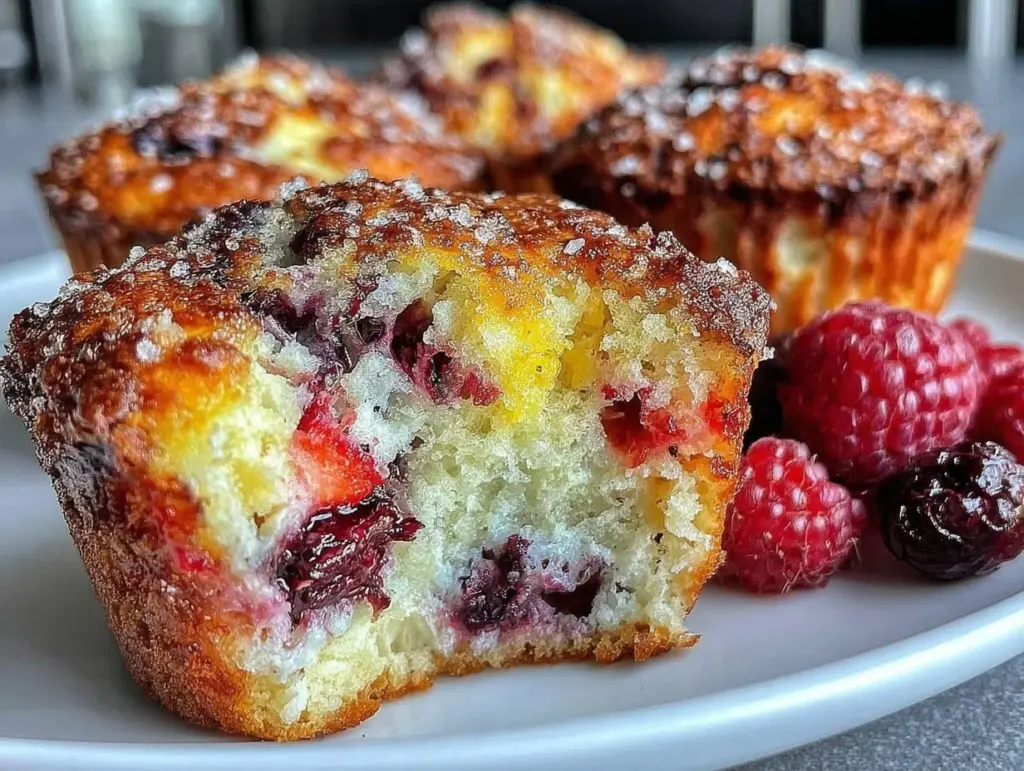 fluffy mixed berry muffins - featured image