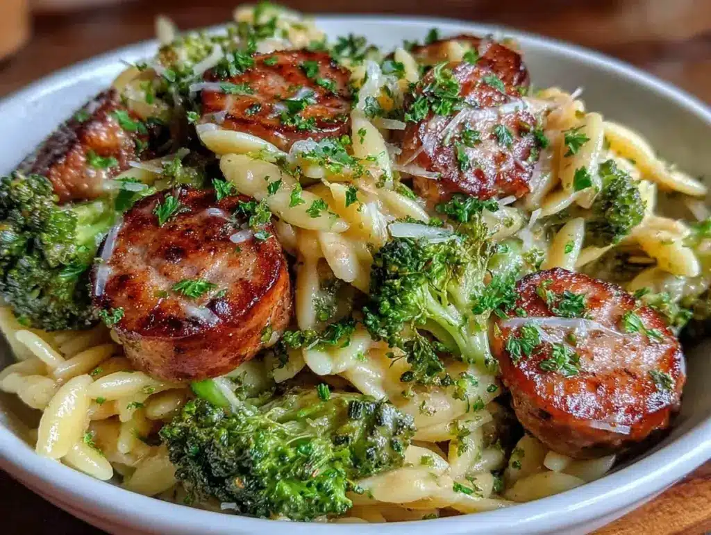 healthy chicken sausage and broccoli orzo - featured image