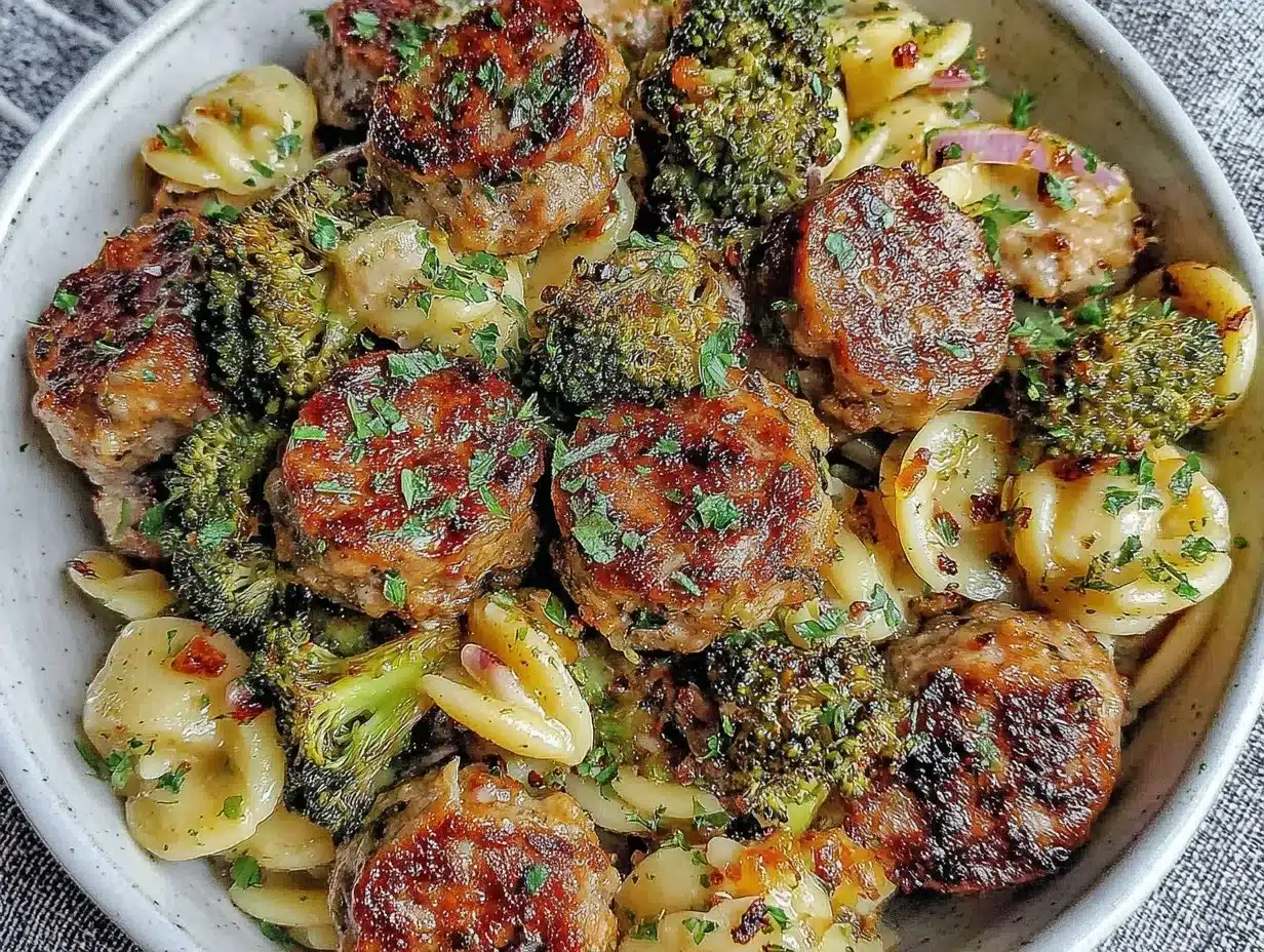 healthy chicken sausage and broccoli orzo preparation steps