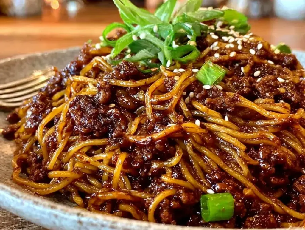 mongolian ground beef noodles - featured image