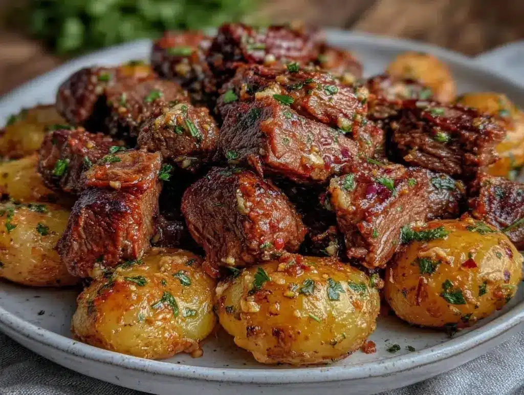 slow cooker garlic butter beef bites - featured image