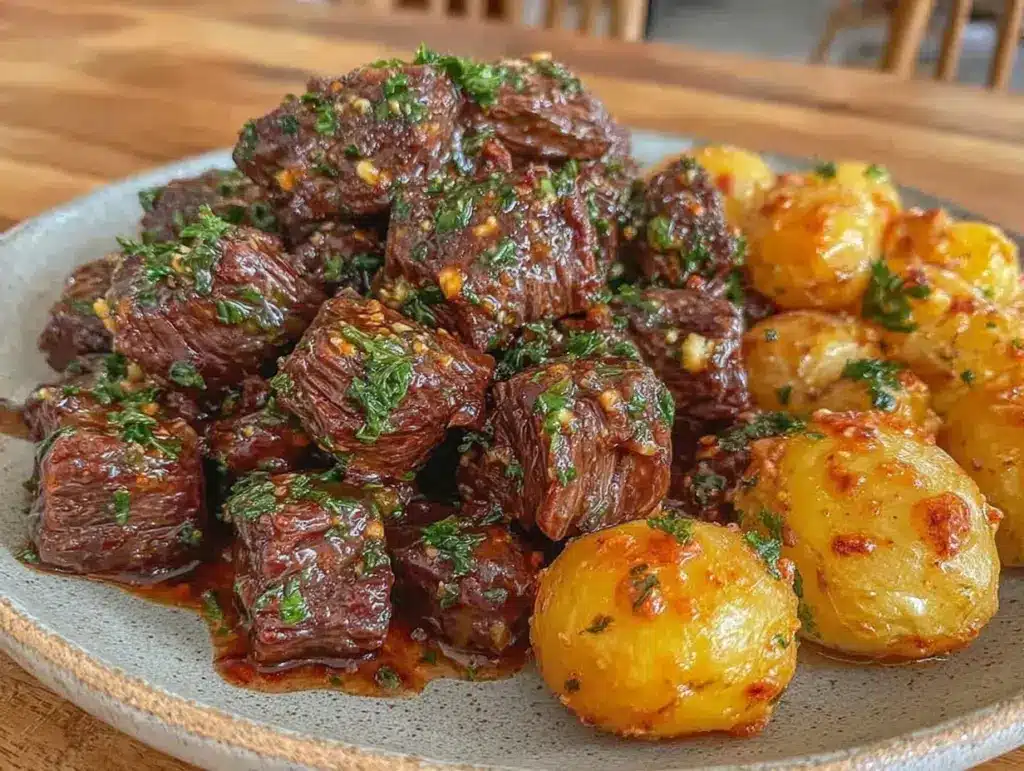 slow cooker garlic butter beef bites - featured image