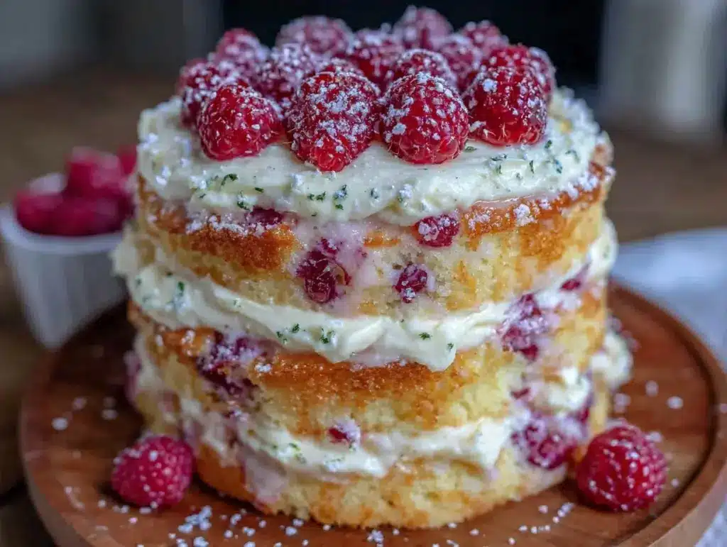 champagne raspberry layer cake - featured image