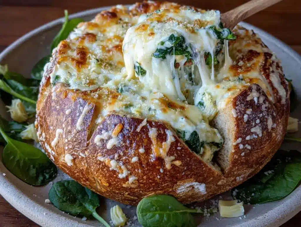 cheesy spinach artichoke bread bowl - featured image