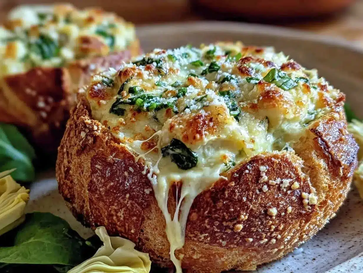 cheesy spinach artichoke bread bowl preparation steps