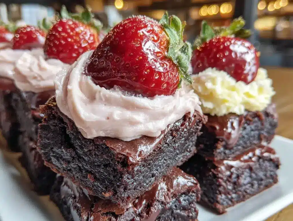 chocolate-covered strawberry frosted brownie towers - featured image