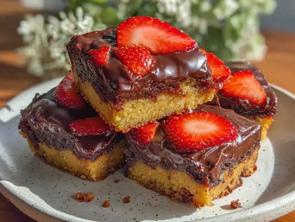 chocolate-covered strawberry golden brownie bars - featured image