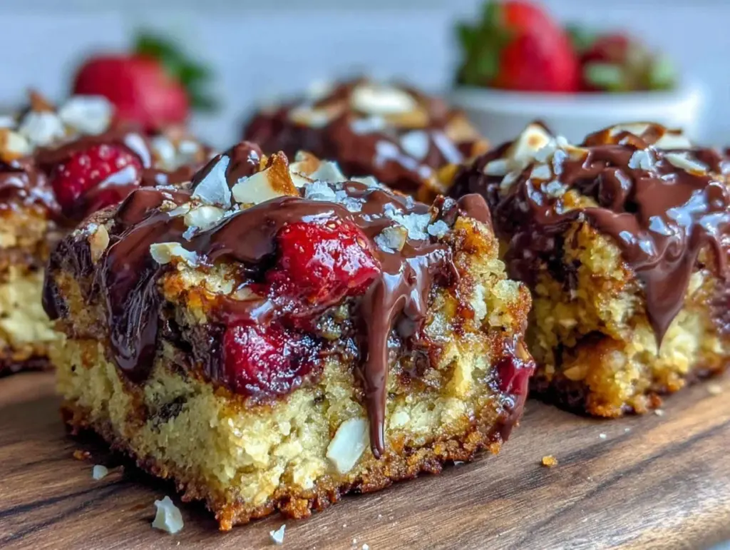 chocolate-dipped strawberry biscotti crumble bars - featured image