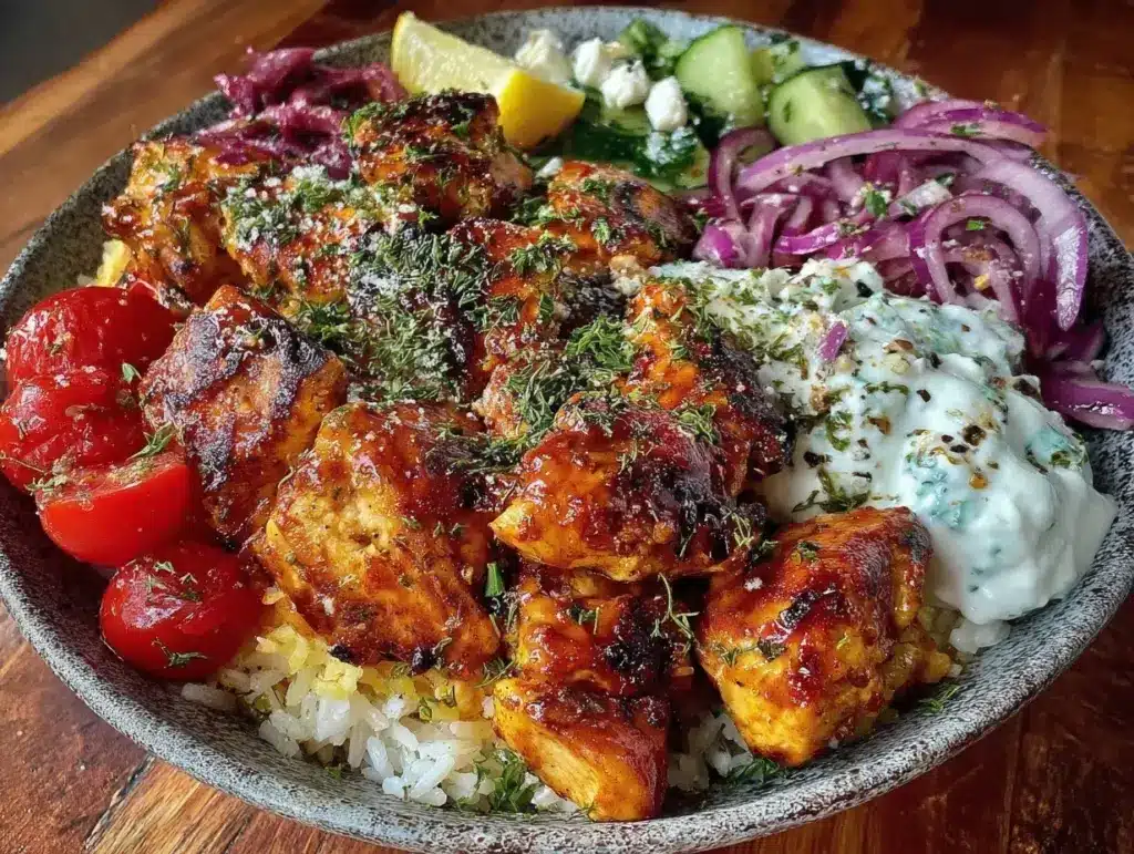 greek chicken souvlaki bowl - featured image