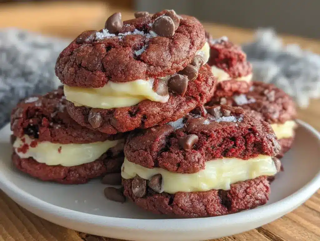 red velvet chocolate chip sandwich cookies - featured image