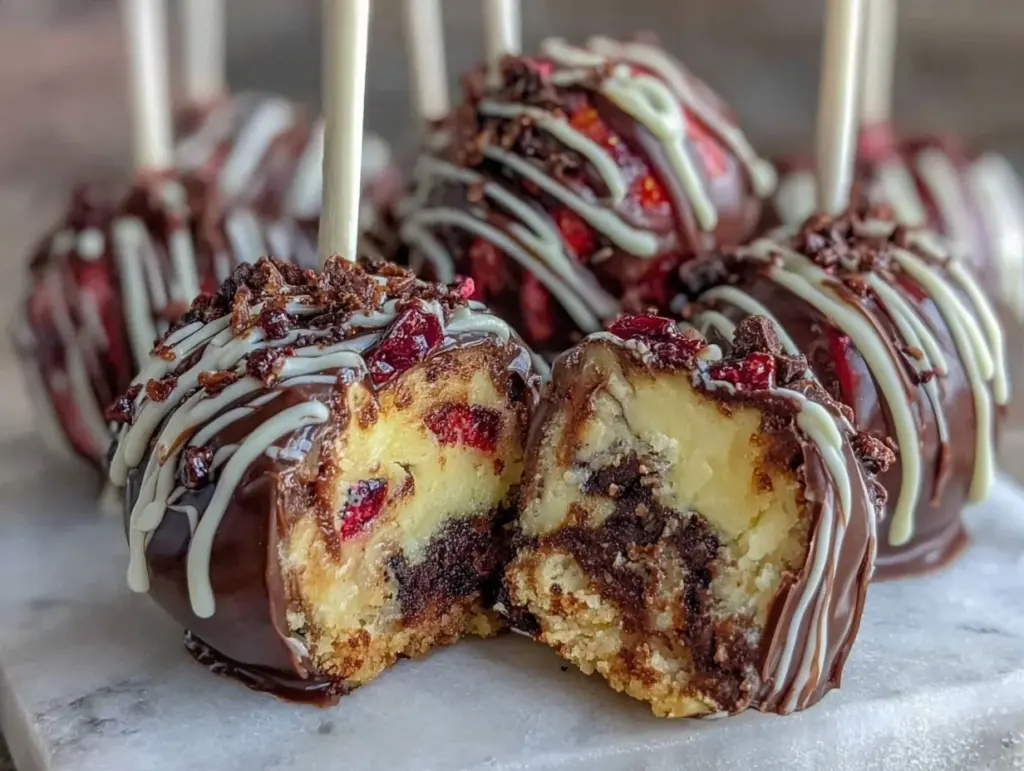 valentines chocolate strawberry swirl cheesecake pops - featured image